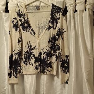 Ann Taylor Black Floral Cardigan Silk Blend Med